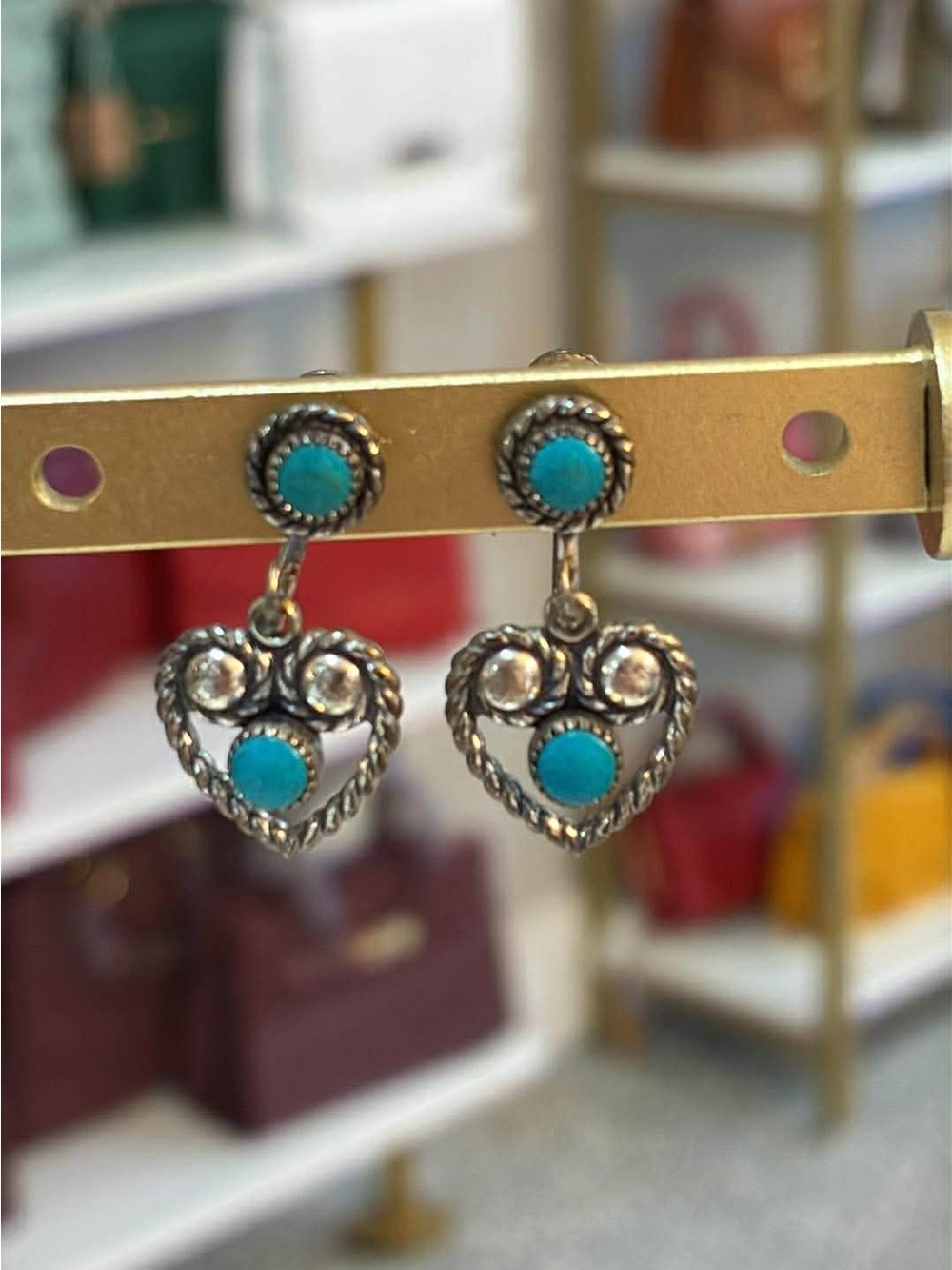 Vintage Sterling Silver Snake Eye TURQUOISE Heart Dangle EARRINGS Screwback